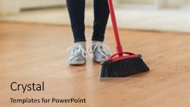  Presentation with housekeeping - Presentation design consisting of sweep - people housework cleaning and housekeeping background and a coral colored foreground
