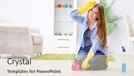  Presentation with floor - Amazing theme having sweep - young woman cleaning floor backdrop and a soft green colored foreground