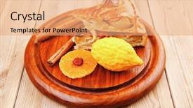  Presentation with old wooden table food - Theme with sweet apple cake on wooden background and a coral colored foreground