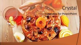  Presentation with cup cake - Slide deck featuring apples lemon mandarin and tea background and a coral colored foreground