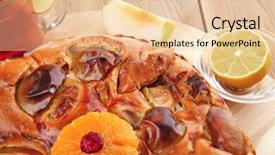  Presentation with tea cake - Amazing PPT layouts having sweet apple cake served with apples lemon mandarin and tea cup on wooden plate over table backdrop and a lemonade colored foreground