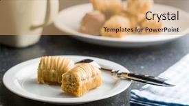  Presentation with gourmet sweet dessert bakery food - PPT layouts enhanced with sweet baklava dessert on plate background and a coral colored foreground