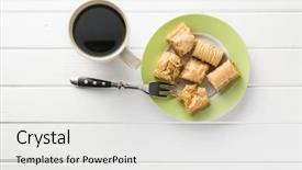  Presentation with dessert - Theme with sweet baklava dessert with coffee background and a light gray colored foreground