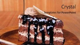  Presentation with white chocolate - Colorful presentation theme enhanced with sweet brownie chocolate cream cake topped with white chocolate and cream with chocolate with chocolate sauce on wooden background backdrop and a coral colored foreground