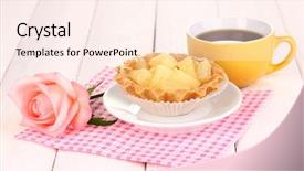  Presentation with tea cake - PPT layouts featuring sweet cake with cup of tea on wooden background background and a cream colored foreground