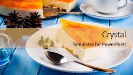  Presentation with jelly - Theme consisting of sweet cake with fruits and jelly restaurant scene on blue planks table background and a yellow colored foreground