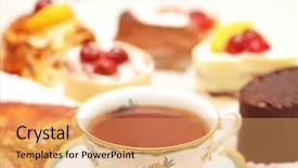  Presentation with afternoon tea - Audience pleasing presentation design consisting of sweet cakes and tea backdrop and a coral colored foreground