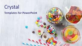  Presentation with top view - PPT theme with colorful candies on wooden table background and a sky blue colored foreground