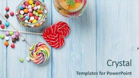  Presentation with candy - Presentation design enhanced with candy sweets - colorful candies on wooden table background and a sky blue colored foreground