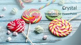  Presentation with candy - Colorful presentation enhanced with candy sweets - tasty colorful lollipops on wooden backdrop and a sky blue colored foreground