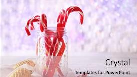  Presentation with candy canes - Colorful presentation theme enhanced with sweet candy canes in glass jar with christmas toys on blurred background backdrop and a lemonade colored foreground