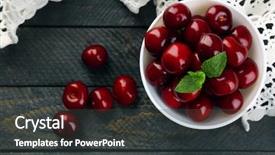  Presentation with green leaves - PPT theme having sweet cherries with green leaves background and a dark gray colored foreground