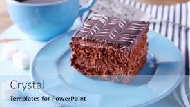  Presentation with tea cake - Beautiful PPT theme featuring sweet chocolate cake on blue plate with cup of tea on wooden table backdrop and a light blue colored foreground