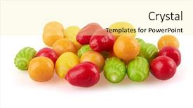  Presentation with sweet candy - Theme having sweet colorful candy isolated on white background close-up background and a blonde colored foreground