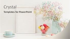  Presentation with white flower frame - Amazing slide deck having sweet-colorful-macarons-and-flower backdrop and a sky blue colored foreground