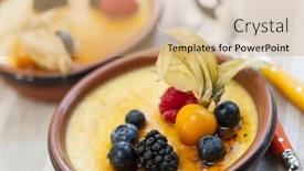  Presentation with gourmet sweet dessert bakery food - Presentation design consisting of sweet creme brulee desserts topped with fresh berries background and a coral colored foreground