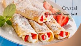  Presentation with wooden board empty table top - Audience pleasing PPT theme consisting of sweet-crepes-with-fruits backdrop and a coral colored foreground