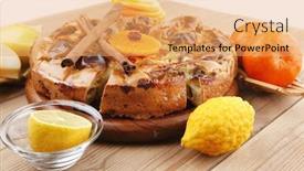  Presentation with cinnamon - Slide set featuring sweet cuts of apple pie on wooden plate served with fresh lemon mandarin and cinnamon sticks on table background and a yellow colored foreground