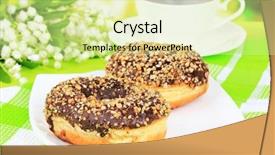  Presentation with donuts - Cool new slide deck with sweet donuts with cup of tea on table on bright background backdrop and a blonde colored foreground