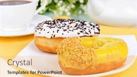  Presentation with donuts - Audience pleasing slide set consisting of sweet donuts with cup of tea on table close-up backdrop and a yellow colored foreground