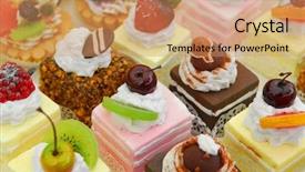  Presentation with birthday cake colorful candles - Colorful presentation theme enhanced with sweet food - background filled with colorful cakes backdrop and a coral colored foreground