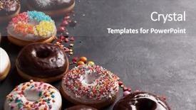  Presentation with donuts - Presentation theme enhanced with sweet food - colorful donuts on stone table background and a gray colored foreground