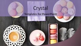  Presentation with dessert neighborhood - PPT theme having sweet food - french delicious dessert macaroons background and a light blue colored foreground