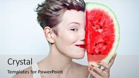  Presentation with indian woman face beauty - Presentation design having sweet food - young beauty woman holding watermelon background and a mint green colored foreground