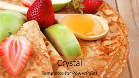  Presentation with pancake - PPT layouts with sweet food big thin pancake with honey strawberries and apple on wooden table background and a gold colored foreground