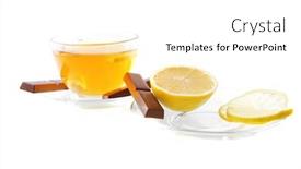  Presentation with chocolate dessert - Presentation featuring sweet health dessert - light green tea with lemon and chocolate strips isolated over white background background and a white colored foreground