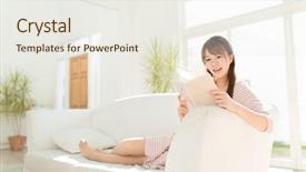  Presentation with relaxing - Presentation theme featuring sweet home - beautiful asian woman relaxing background and a sky blue colored foreground