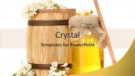  Presentation with white flowers - Cool new theme with sweet honey in barrel and jar with acacia flowers isolated on white backdrop and a yellow colored foreground