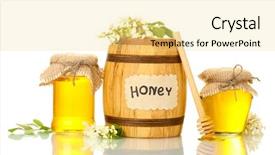  Presentation with white flowers - Presentation theme enhanced with sweet honey in barrel and jars with acacia flowers isolated on white background and a blonde colored foreground