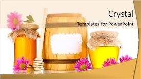  Presentation with honey - PPT theme enhanced with sweet honey in jars and barrel with drizzler isolated on white background and a yellow colored foreground