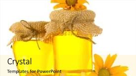  Presentation with white flowers - Slides with sweet honey in jars with wooden drizzler and flowers isolated on white background and a yellow colored foreground