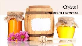  Presentation with honey - Cool new slide deck with sweet honey in jars and barrel with drizzler isolated on white backdrop and a coral colored foreground