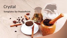  Presentation with old arabic - Beautiful PPT theme featuring sweet hot drink black arabic coffee in small white cup with mortar and pestle bag full beans copper old style cezve decorated with cinnamon sticks and anise stars backdrop and a lemonade colored foreground