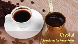  Presentation with copper - Audience pleasing slide deck consisting of sweet hot drink black coffee in small white cup with beans on a wooden table with stripes of dark chocolate and copper cezve backdrop and a tawny brown colored foreground