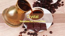  Presentation with copper - Presentation theme featuring sweet hot drink black turkish coffee in small white mug with coffee beans spilled on a wooden table with stripes of dark chocolate and copper arab cezve full coffee background and a red colored foreground