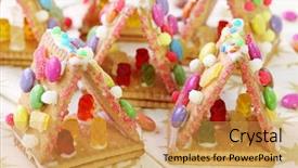  Presentation with gingerbread house decorated colorful candies - Slide set consisting of sweet houses for kids party background and a yellow colored foreground