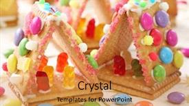  Presentation with gingerbread house decorated colorful candies - Presentation theme having sweet houses for kids party background and a gold colored foreground