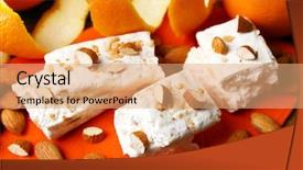  Presentation with almonds - Slide deck having sweet nougat with almonds and oranges on table close up background and a coral colored foreground