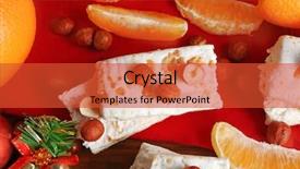  Presentation with hazelnuts - Presentation design consisting of sweet nougat with hazelnuts and oranges on table close up background and a red colored foreground