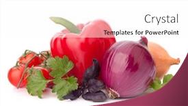  Presentation with sweet basil - Colorful slide set enhanced with sweet pepper onion tomato and basil leaves still life isolated on white background cutout backdrop and a white colored foreground