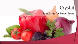  Presentation with sweet basil - Colorful slides enhanced with sweet pepper onion tomato and basil leaves still life isolated on white background cutout backdrop and a sky blue colored foreground
