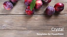  Presentation with rustic wood wooden frame - Theme with sweet plums on wooden background background and a gray colored foreground