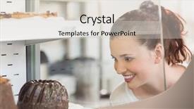  Presentation with bakery baking ingredients - Cool new PPT layouts with sweet shop - pretty brunette looking at cake backdrop and a lemonade colored foreground