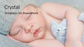  Presentation with baby sleeping - Colorful slide deck enhanced with sweet sleeping newborn baby in gray hat with toy close-up backdrop and a lemonade colored foreground