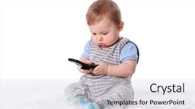  Presentation with sweet - Colorful presentation theme enhanced with sweet small baby with mobile phone on a white background backdrop and a sky blue colored foreground