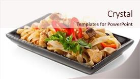  Presentation with noodles manufacturing - Slide set having sweet sour - noodles with fried fillet background and a sky blue colored foreground